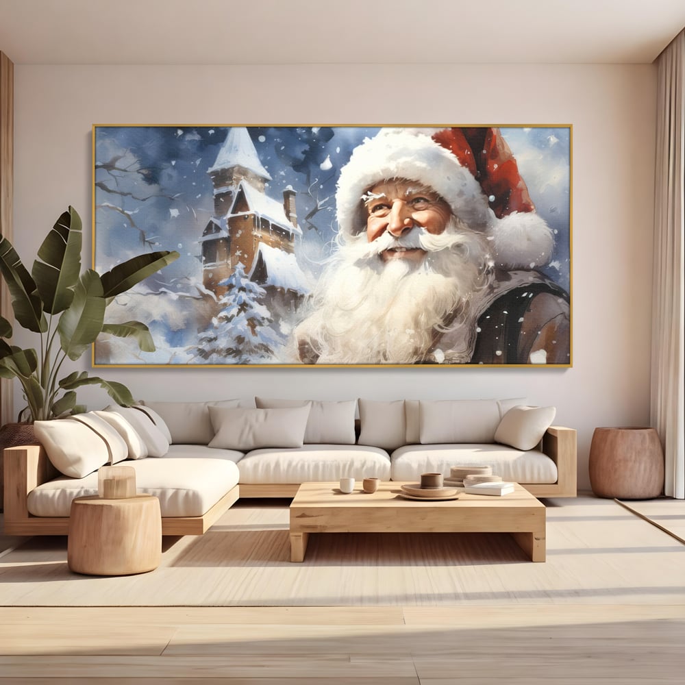 Tablou canvas cu tablou canvas cu mos craciun, in rama de aluminiu auriu, pe perete intr-un living